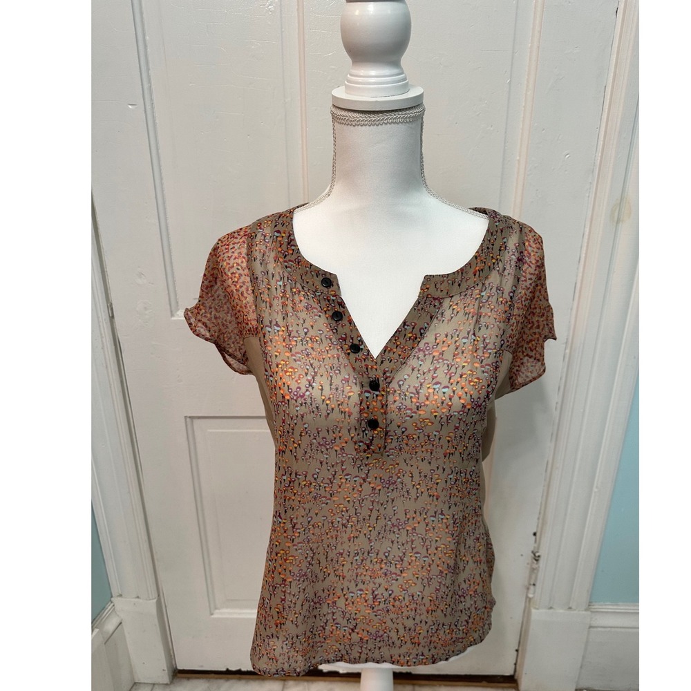 Kensie Sheer flower Print Henley Top Short Sleeve Women's Small